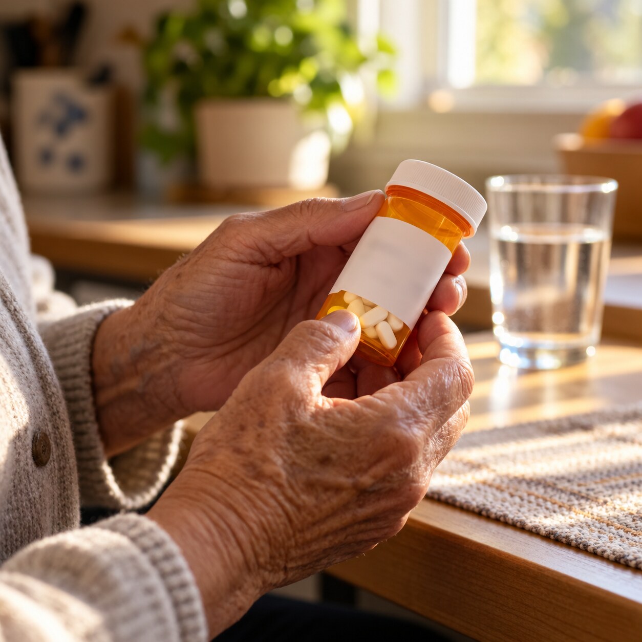 Elderly hands holding a metformin prescription bottle, a medication associated with reduced B12 absorption