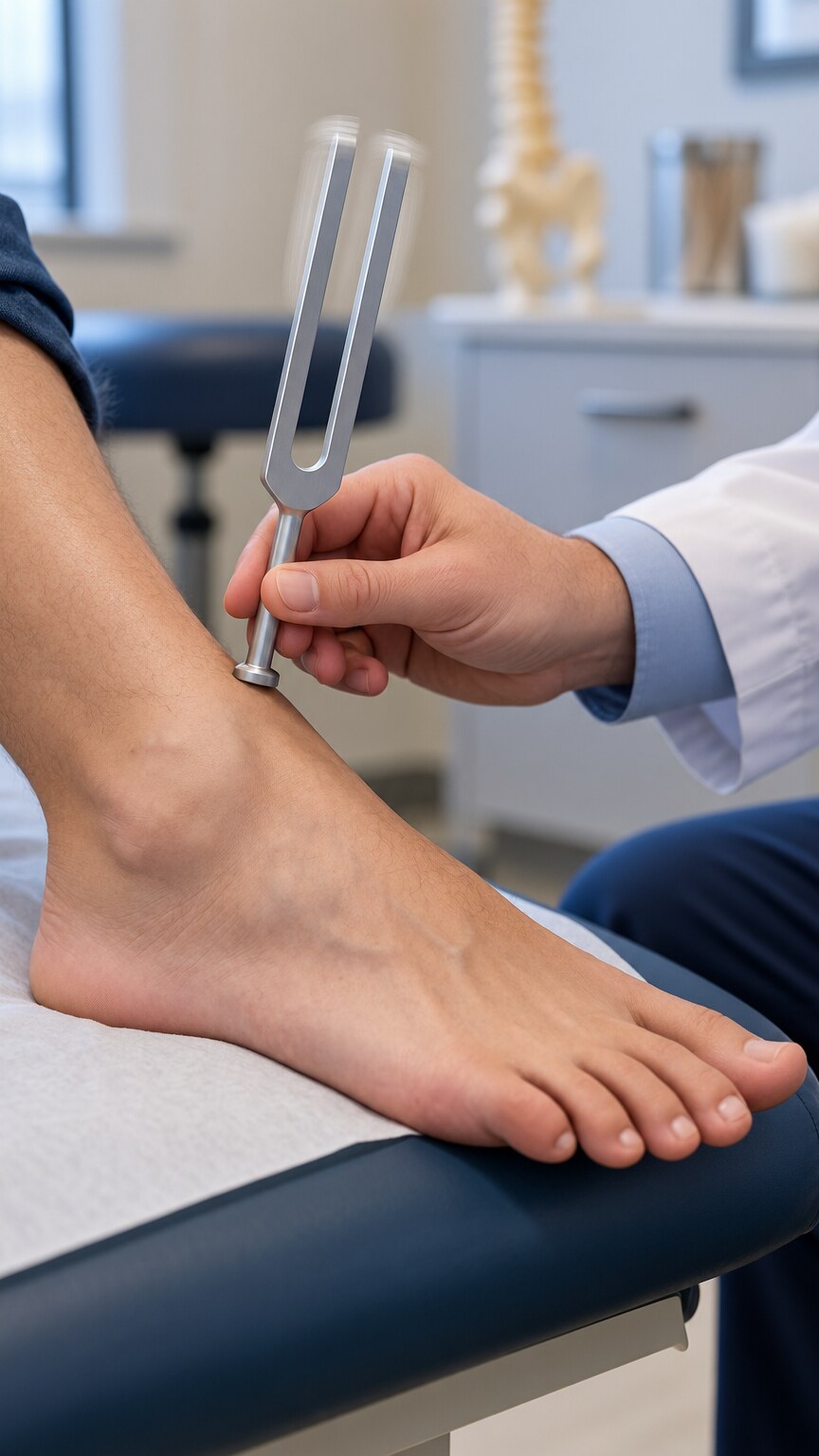 Clinician using a vibrating tuning fork against a patient's ankle to test position-sense nerve pathways affected by B12 deficiency