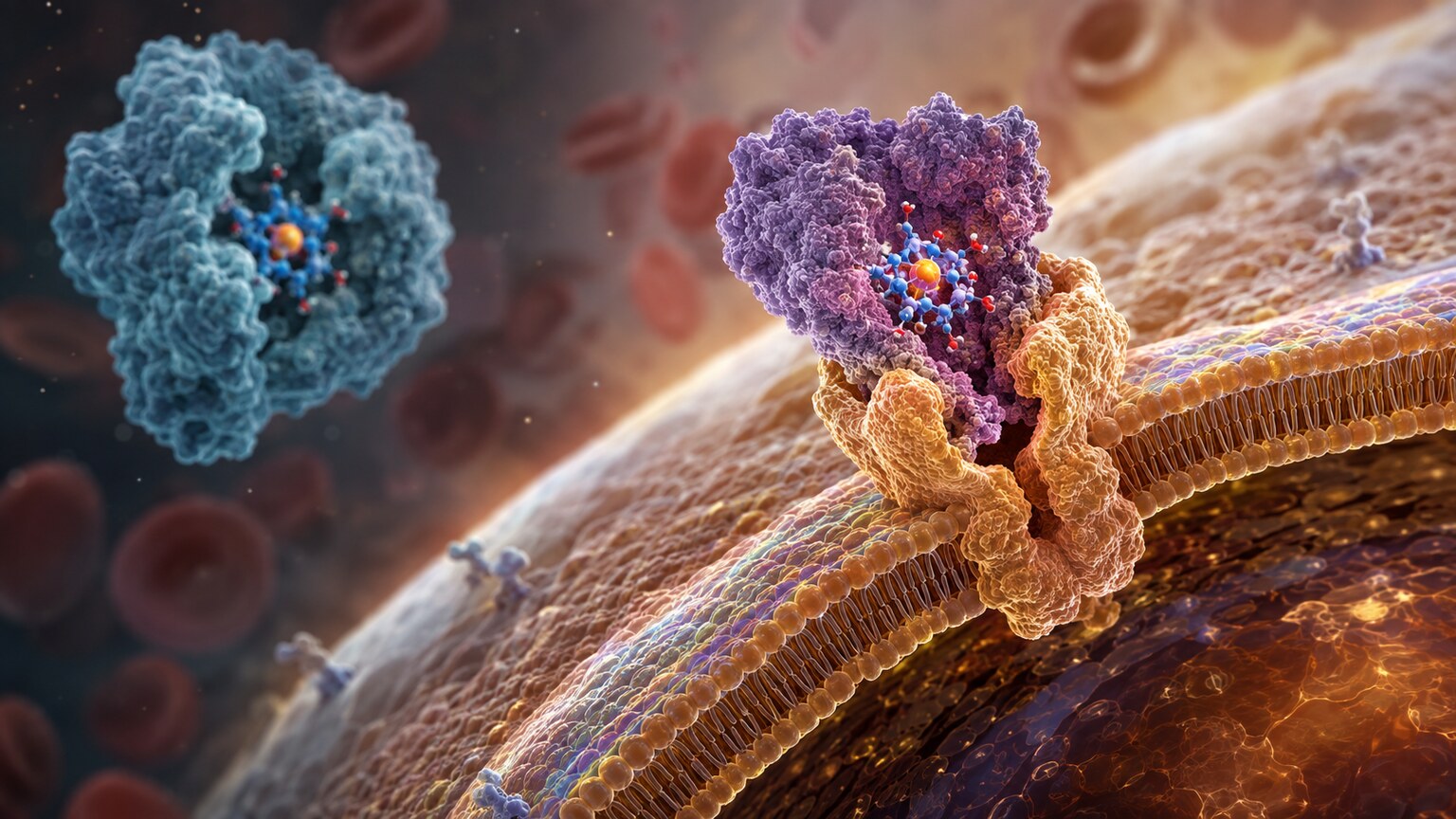 Scientific illustration comparing B12 bound to transcobalamin II being absorbed by a cell receptor against inert B12 bound to haptocorrin floating unused