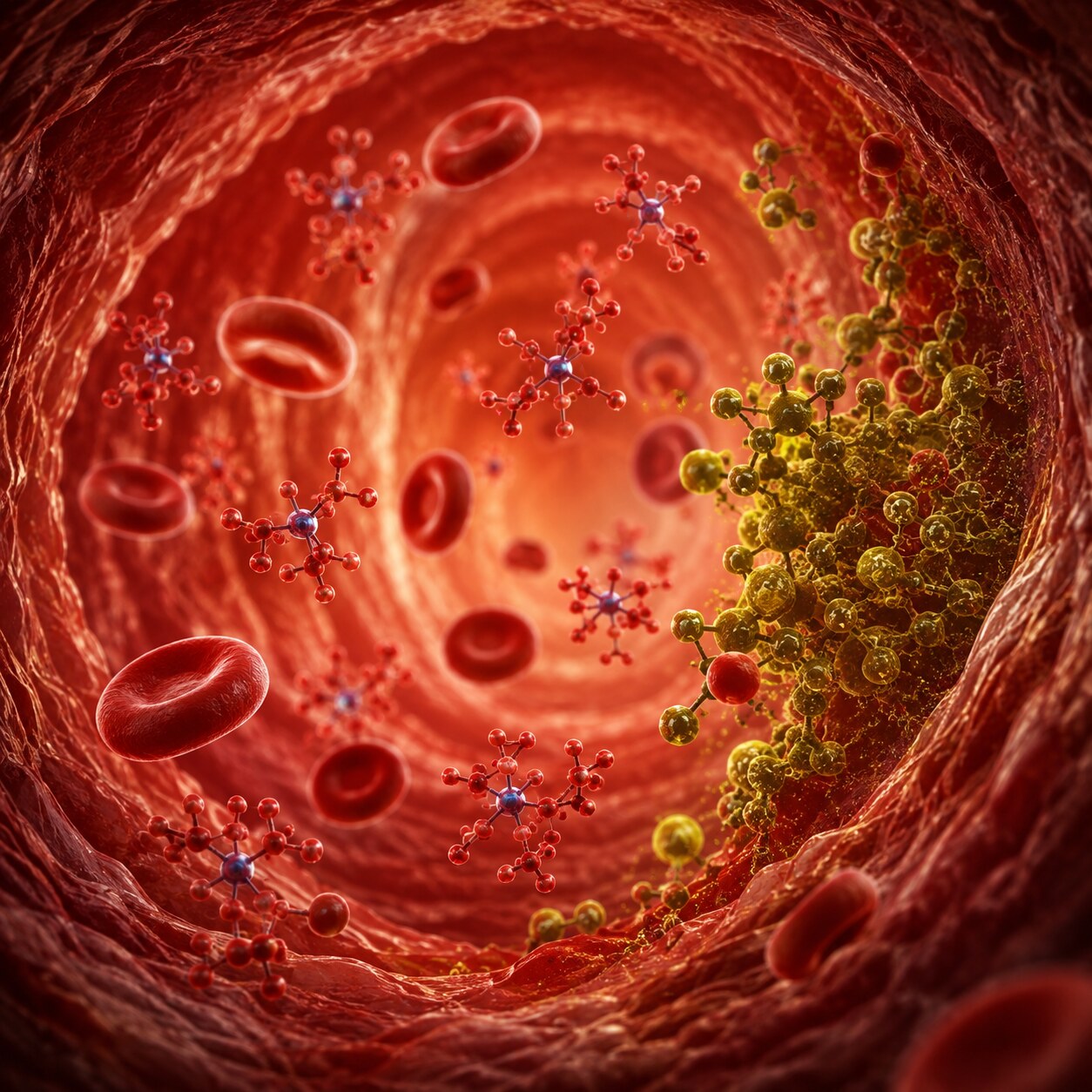 Scientific illustration of a blood vessel with a moderate, technically normal density of B12 molecules alongside a visibly elevated cluster of methylmalonic acid molecules