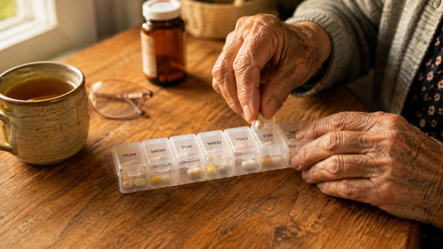 Elderly hands filling a weekly pill organizer at a kitchen table, relevant to age-related decline in B12 absorption
