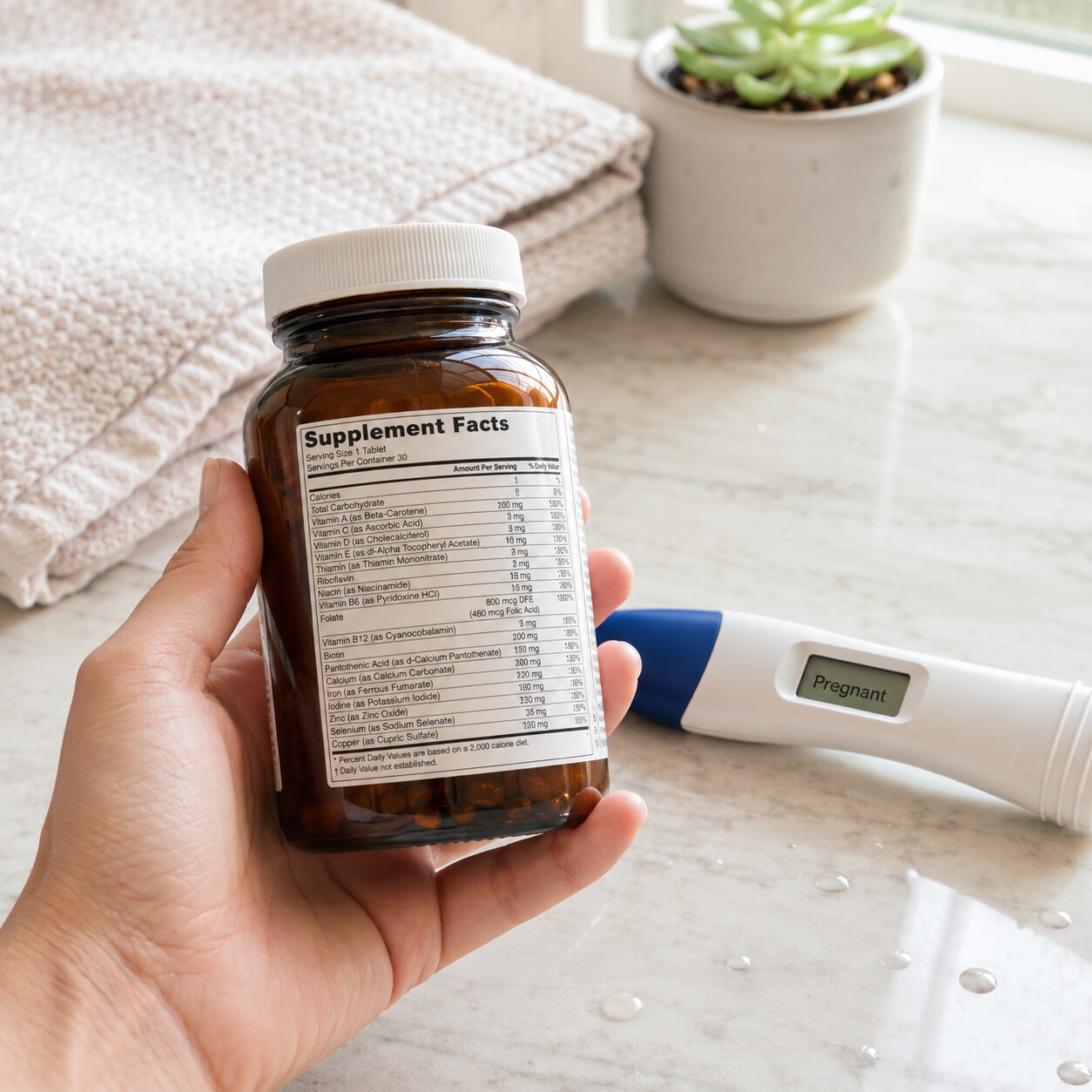 Hand holding a prenatal vitamin bottle showing its B12 content next to a positive pregnancy test on a counter