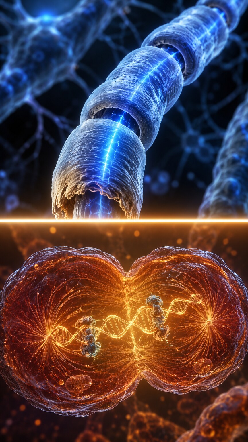 Cutaway scientific illustration showing a nerve fiber's myelin sheath and a dividing cell's DNA strand, the two processes most dependent on adequate cellular B12