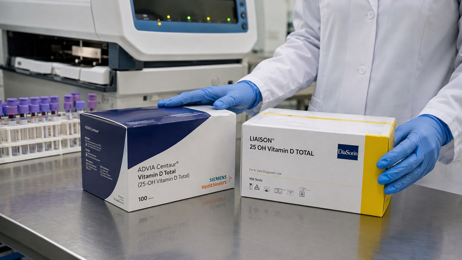 Laboratory bench with two different manufacturers' B12 assay reagent kits being compared side by side