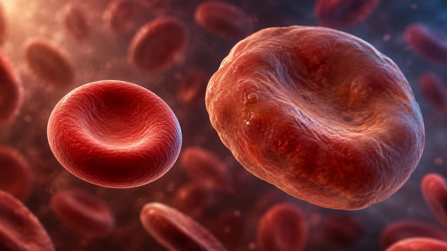 Side-by-side comparison of a normal-sized red blood cell and an abnormally enlarged megaloblastic red blood cell caused by B12 deficiency