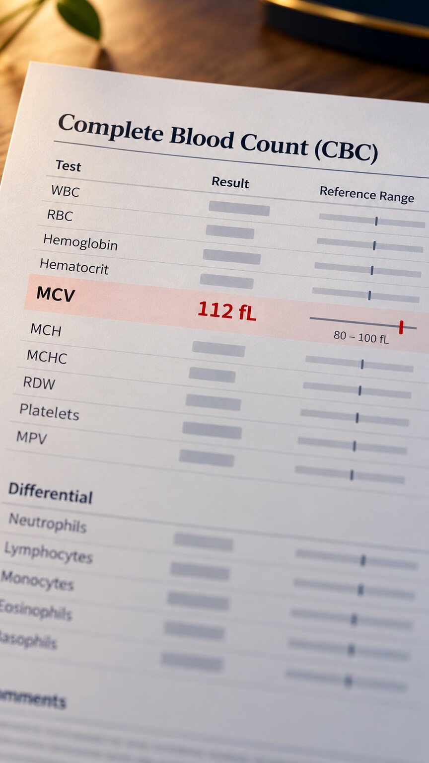 Printed complete blood count report with the mean corpuscular volume value visibly elevated above the reference range