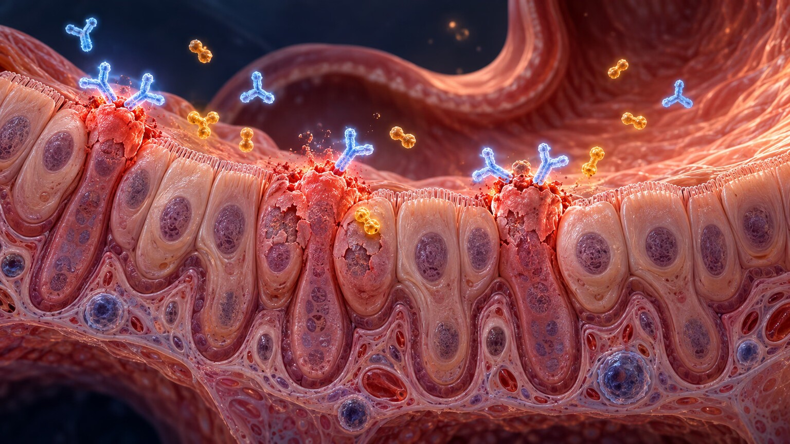 Illustration of immune antibodies attacking stomach lining cells responsible for producing intrinsic factor, needed for B12 absorption