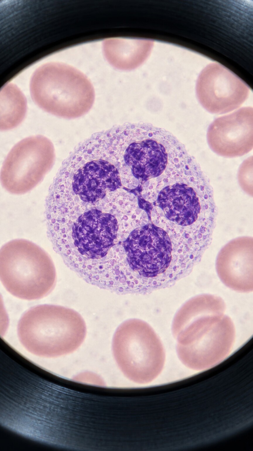Microscope view of a blood smear showing a hypersegmented neutrophil with an unusually high number of nuclear lobes