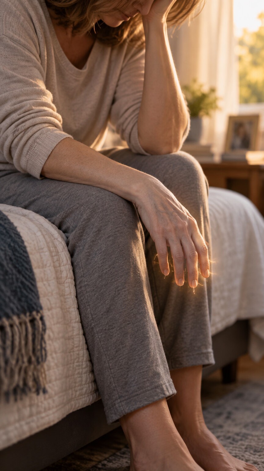 Person resting with visibly pale skin and a hand showing mild tingling sensation, representing combined anemia and early nerve symptoms