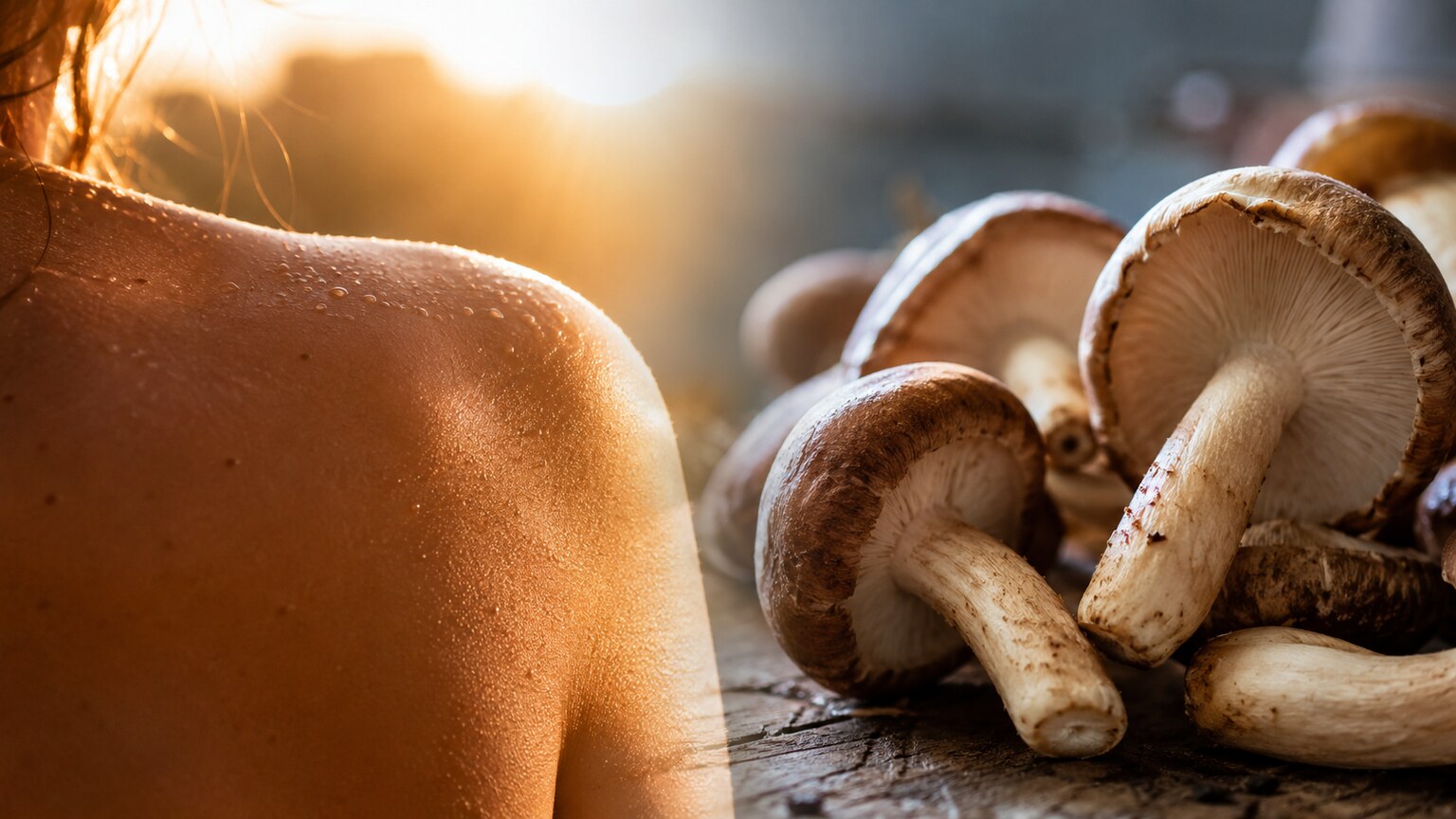 Split scene showing sunlight on bare skin representing vitamin D3 synthesis beside UV-exposed mushrooms representing vitamin D2