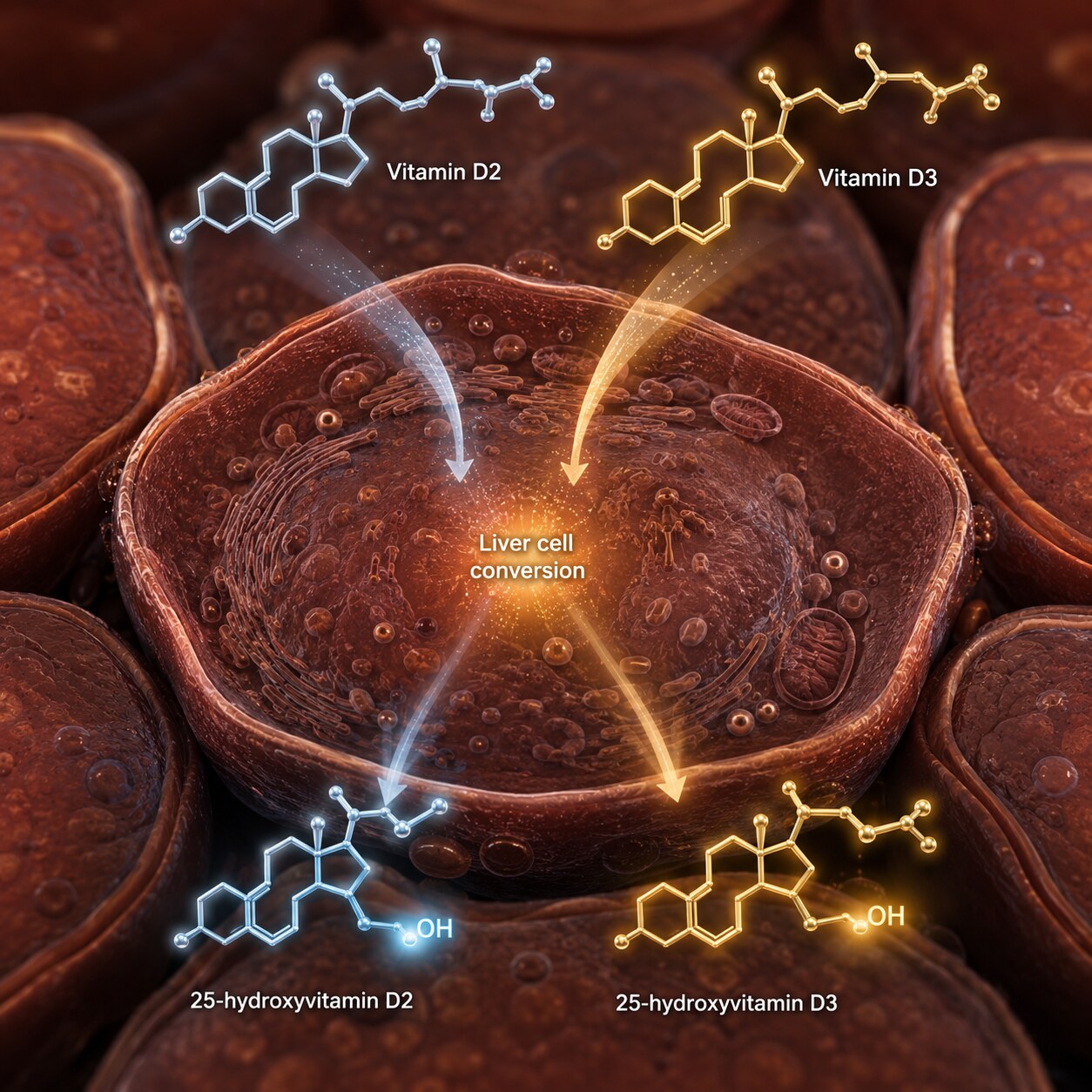 Scientific illustration of liver cells converting vitamin D2 and D3 molecules into their circulating 25-hydroxyvitamin D forms
