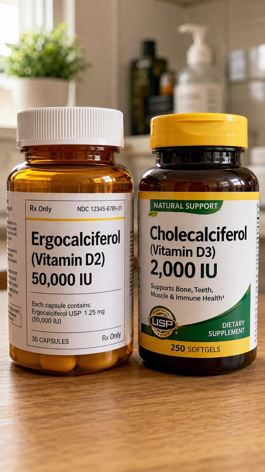 Close-up of two vitamin D supplement bottles side by side, one labeled ergocalciferol D2 and one labeled cholecalciferol D3