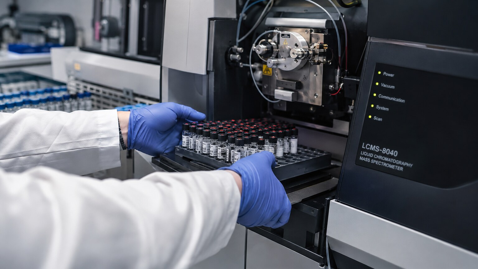 Laboratory technician loading blood serum samples into a liquid chromatography mass spectrometry instrument for fractionated vitamin D testing