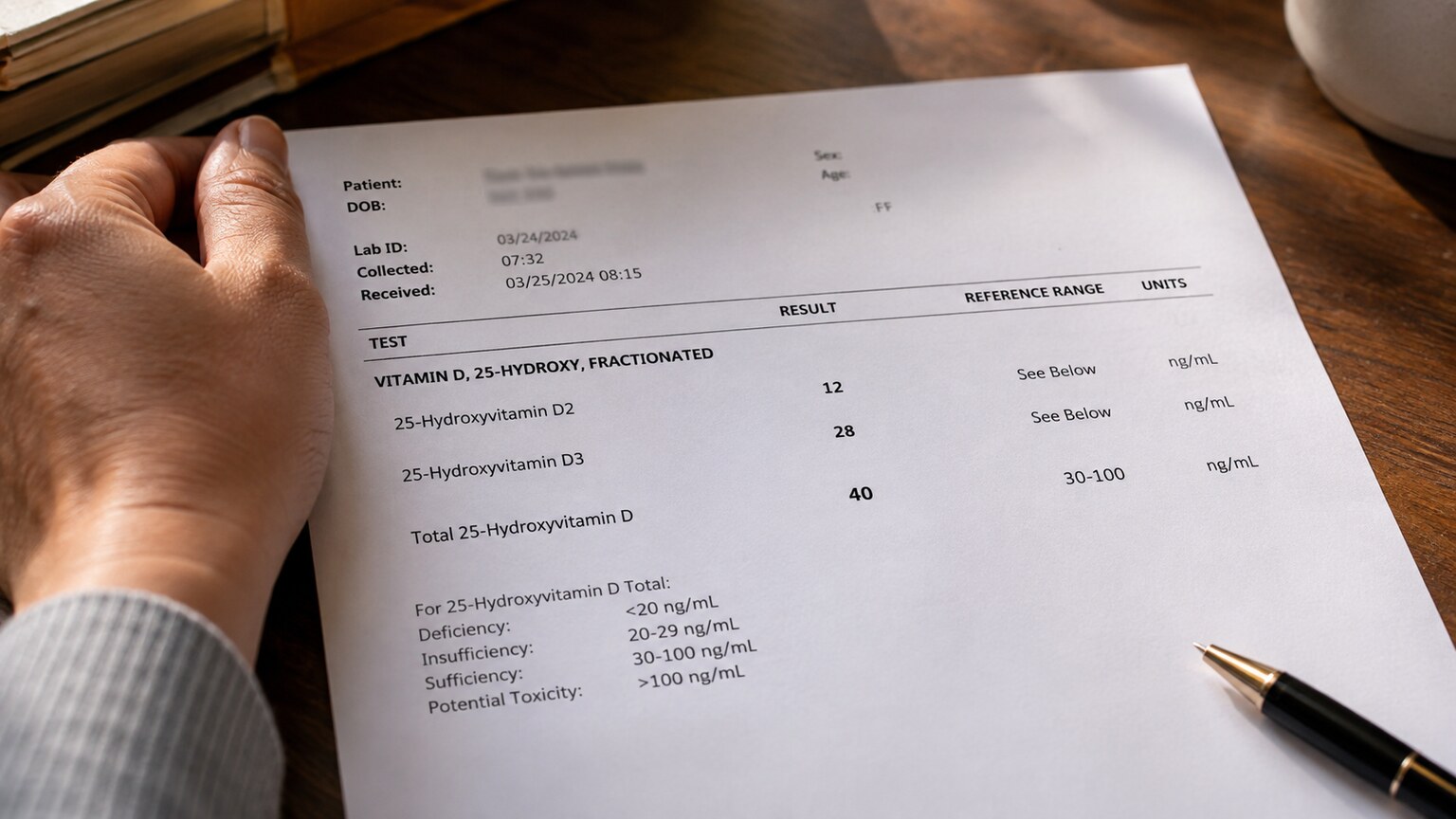 Close-up of a fractionated vitamin D lab report showing separate 25-hydroxy-D2 and 25-hydroxy-D3 result lines with a combined total