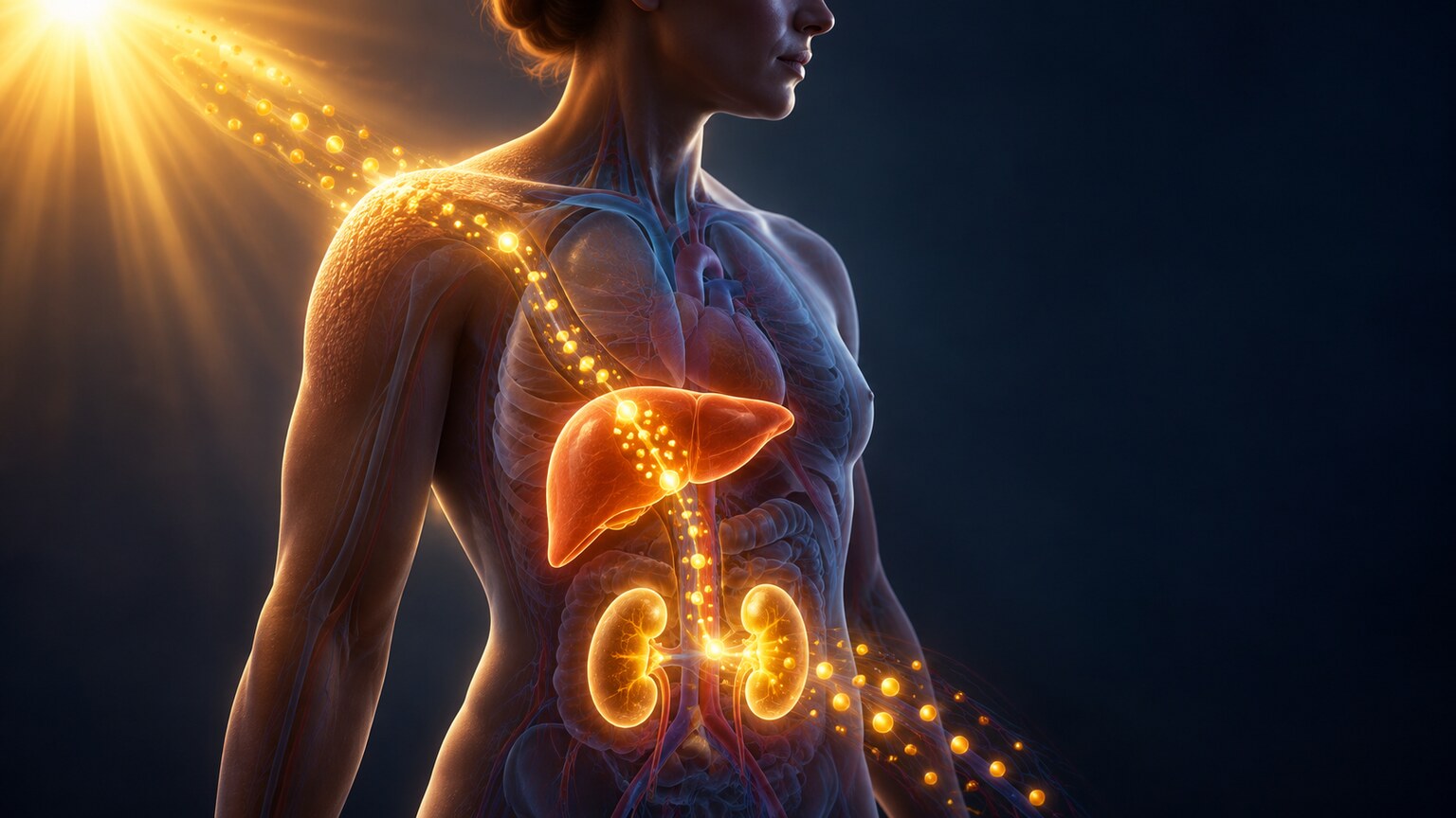 Illustration tracing vitamin D's path from skin synthesis through liver and kidney conversion into its active hormone form