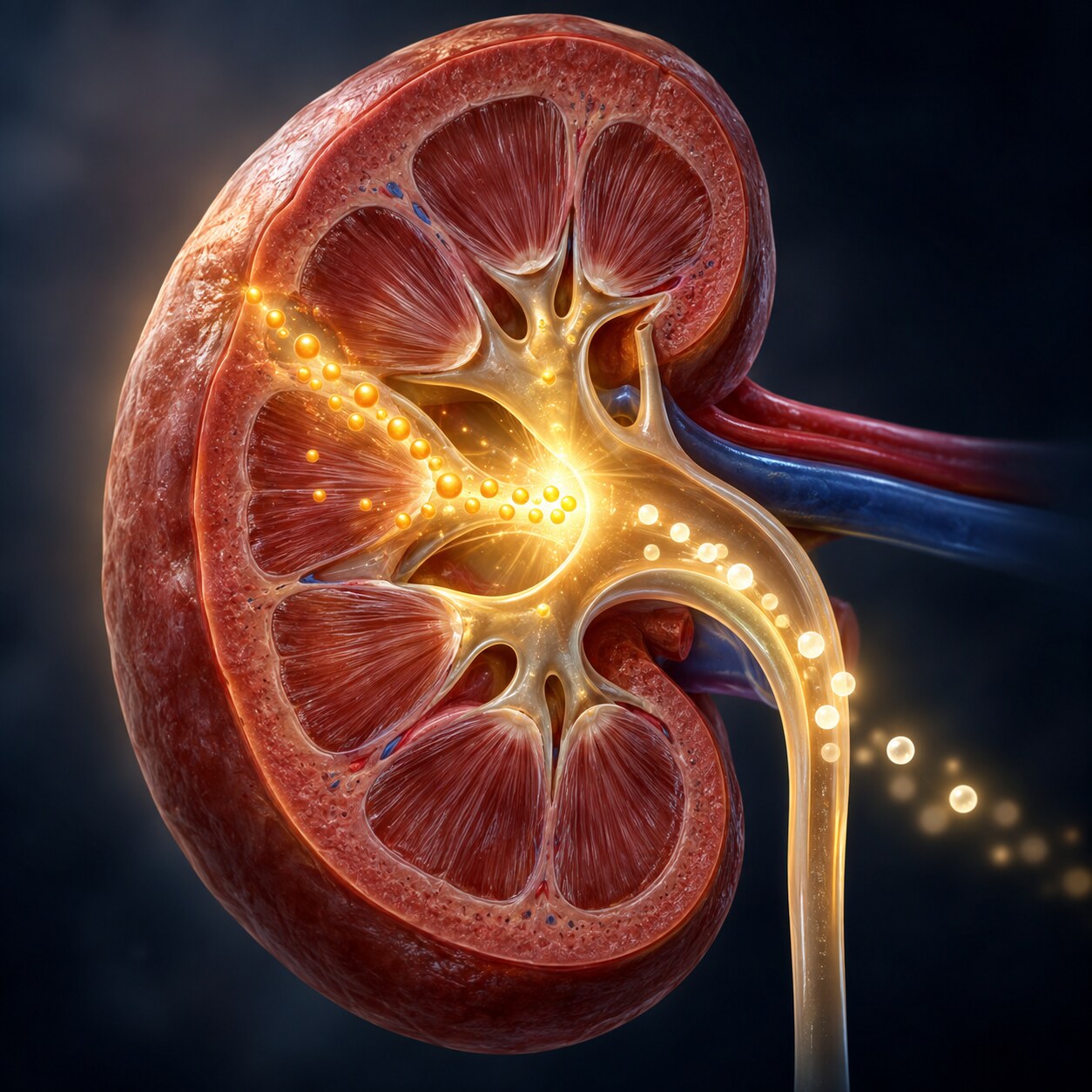Cross-section illustration of a kidney performing the final conversion step that activates vitamin D