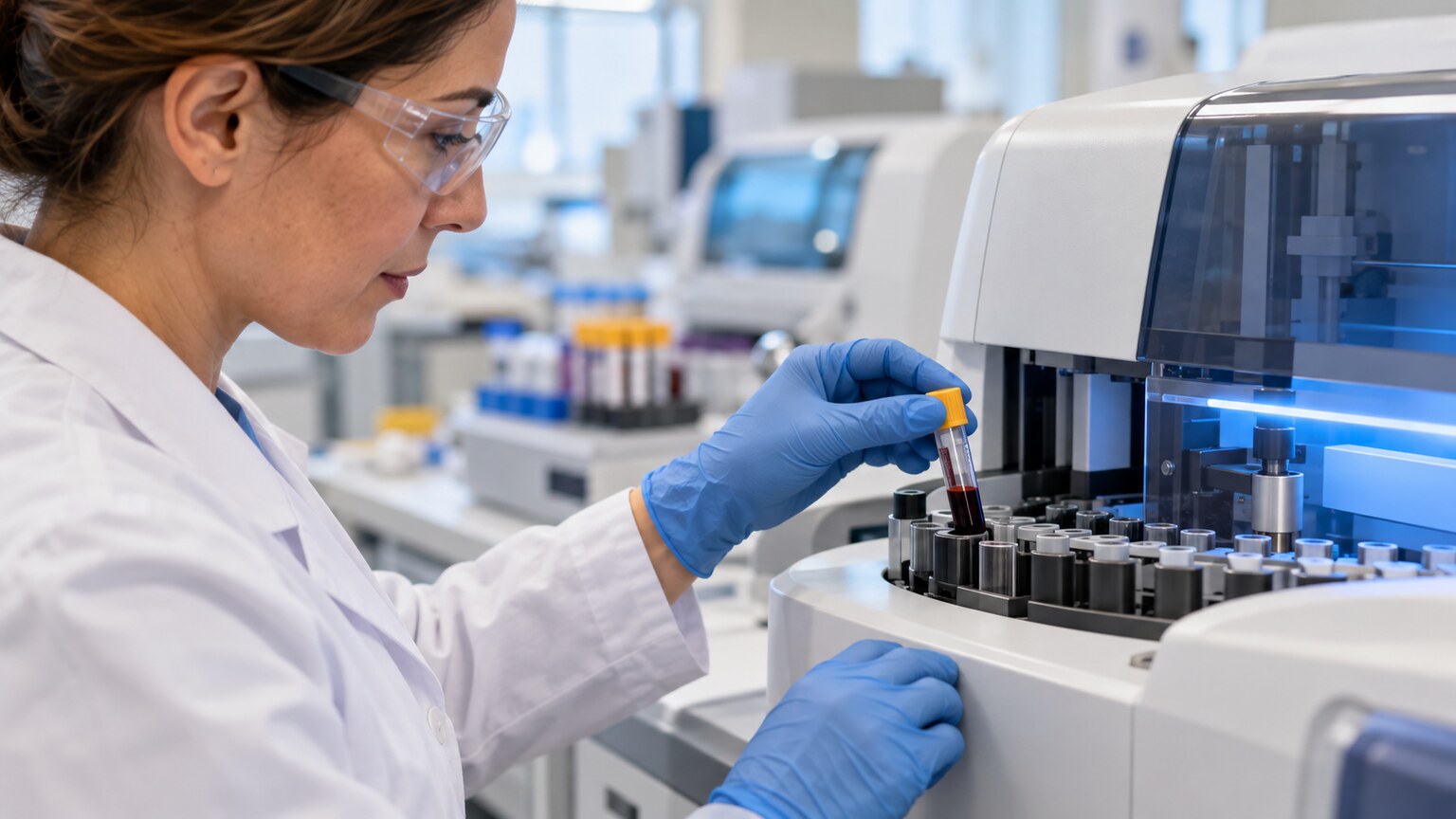 Laboratory blood sample being processed for a 25-hydroxyvitamin D assay, the storage form actually measured on standard testing