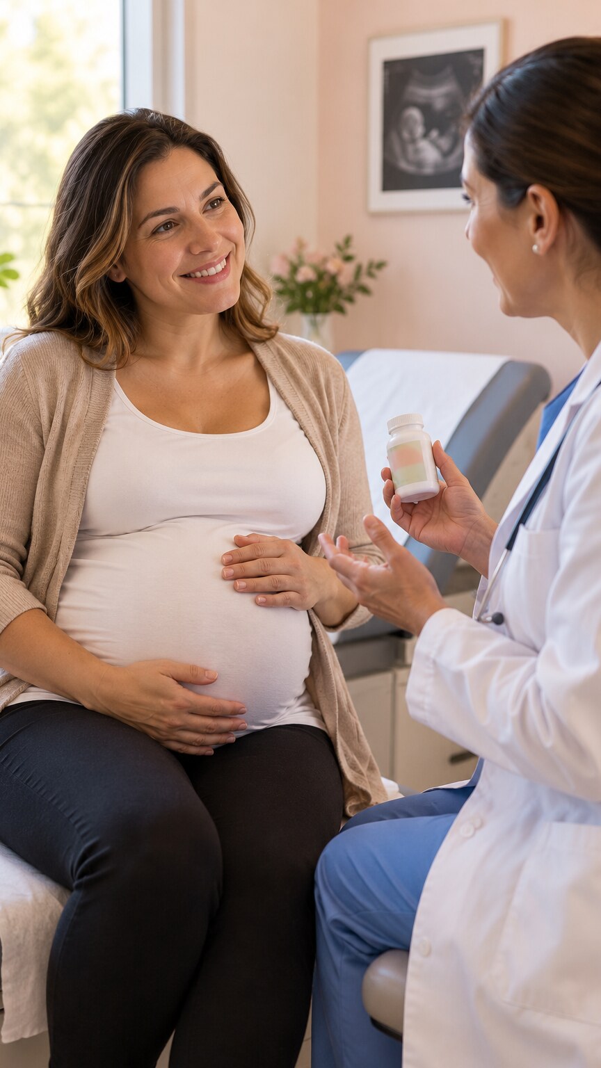 Pregnant patient discussing vitamin D and prenatal supplementation during a prenatal care visit